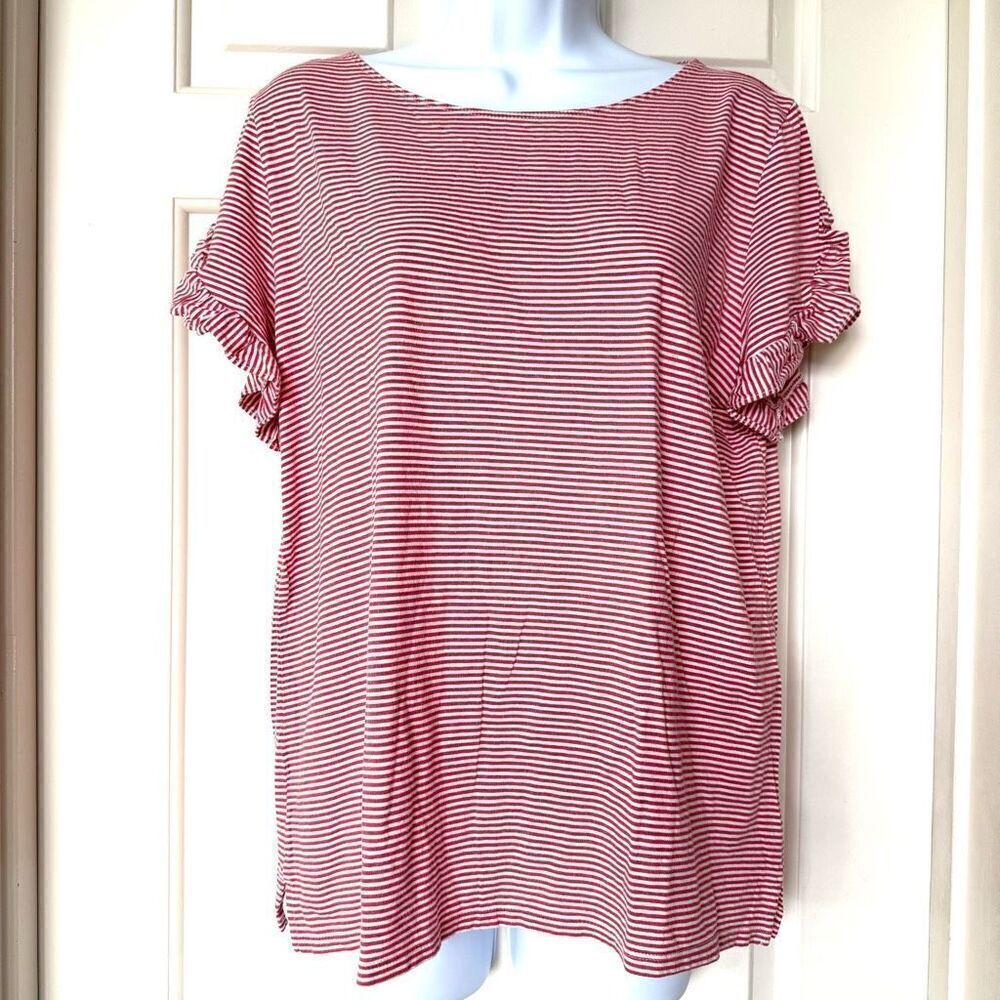 Ann Taylor Loft Red and White Striped Cotton Ruffle Sleeve T-Shirt